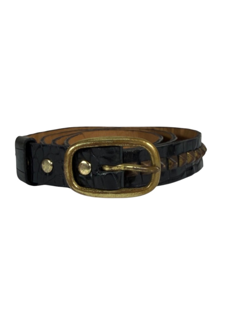 Calleen Cordero Croc Embossed Leather Studded .75" Belt in Black Size 34